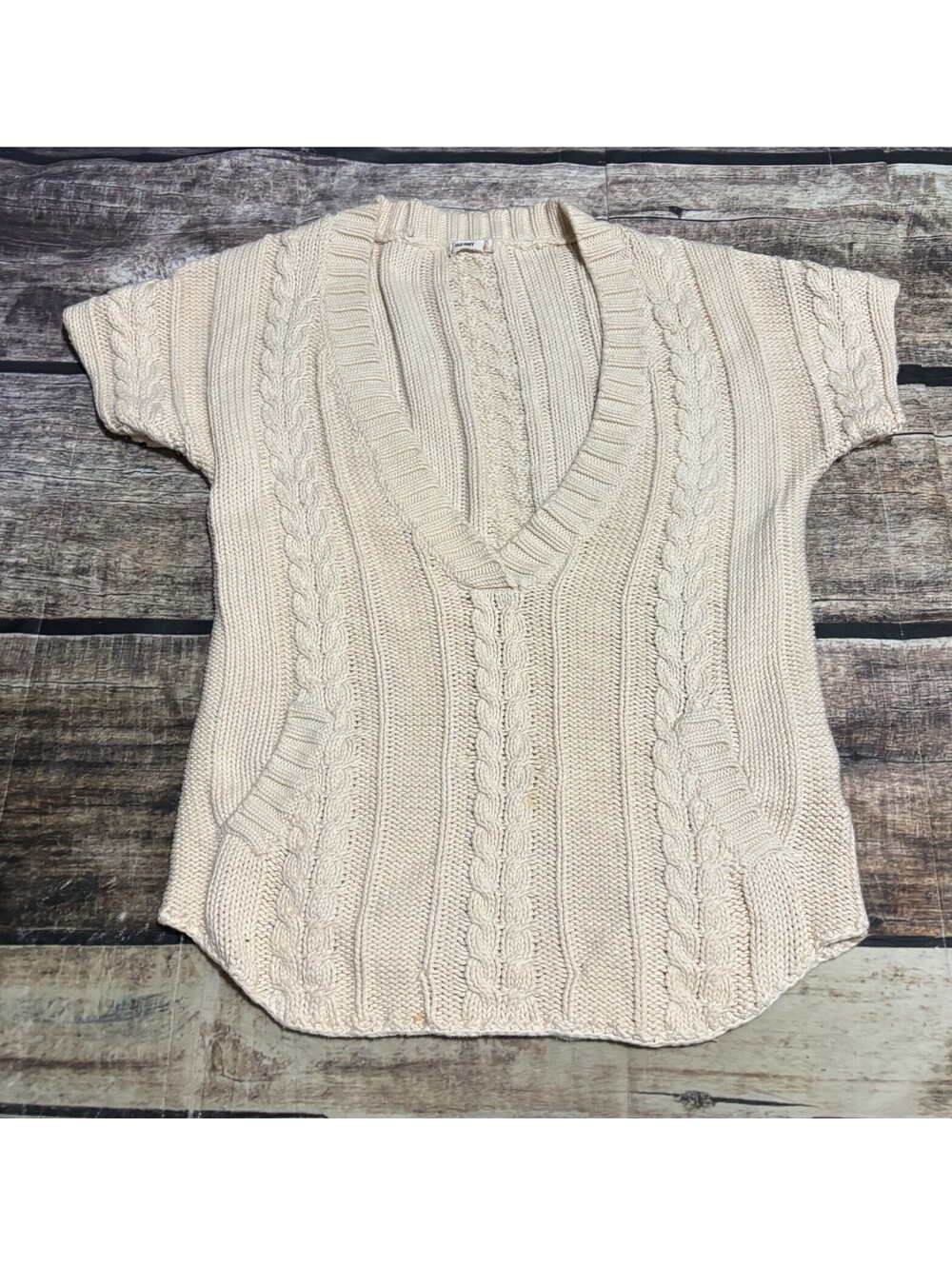 Old Navy Sweater Womens Medium Fisherman Cable Knit Short Sleeve Ivory